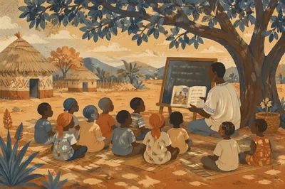 Missionary Educator Teaching Children Under African Tree
