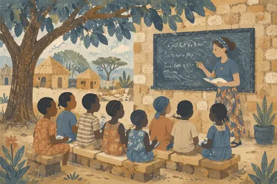 Missionary Teaching Children Beneath African Tree