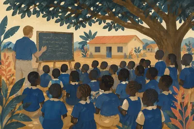 Missionary Teaching Children Beneath African Shade Tree