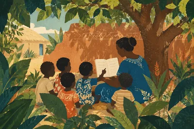 Missionary Teaching Children Beneath African Tree