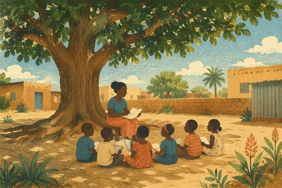 Missionary Teaching Children Beneath African Tree