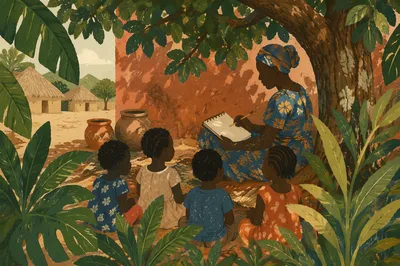 Missionary Teaching Children Beneath African Tree