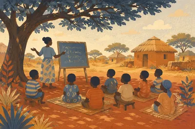Missionary Teaching Children Beneath African Acacia