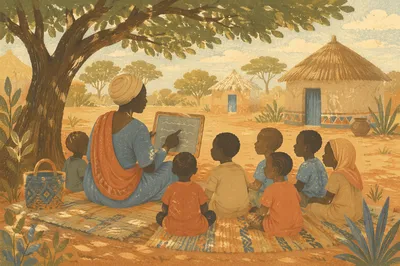 Missionary Teacher Guiding Children Beneath African Tree
