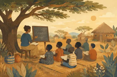 Missionary Teaching Children Beneath African Acacia