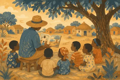 Missionary Teaching Children Beneath African Shade Tree