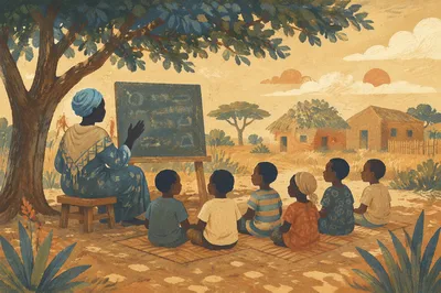 Missionary Teaching Children Beneath African Acacia