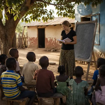 Missionary Teaching Children Beneath African Shade Tree