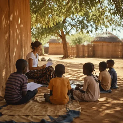 Missionary Teaching Children Beneath African Shade Tree