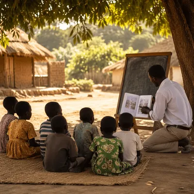 Missionary Teaching Children Beneath African Shade Tree