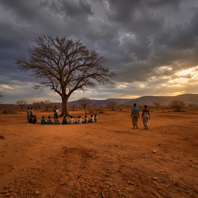 Volunteer Teaching Children Beneath African Tree