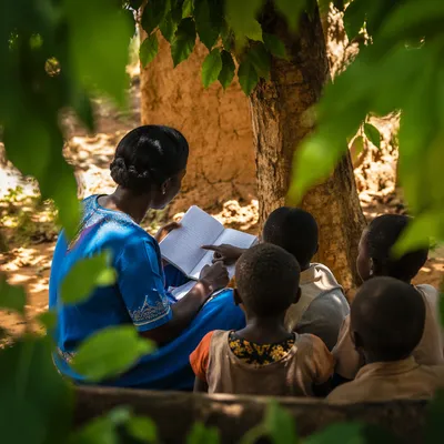 Missionary Teaching Children Beneath African Tree
