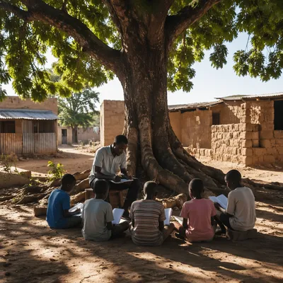 Missionary Teaching Children Beneath African Shade Tree