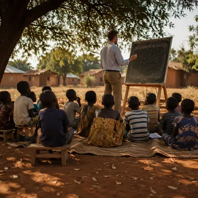 Missionary Teaching Children Beneath African Acacia