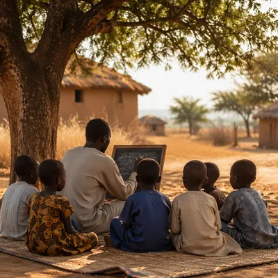 Volunteer Teacher with Children Under Acacia Tree