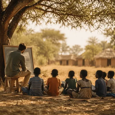 Missionary Teaching Children Beneath African Acacia