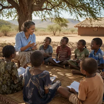 Missionary Teaching Children Beneath African Acacia Tree