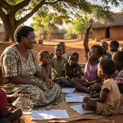 African Missionary Teaching Children Under Acacia Tree