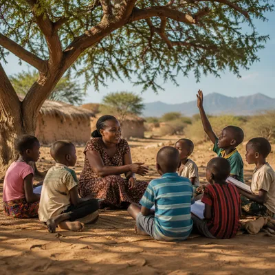 Woman Teaching Children Under Acacia Tree