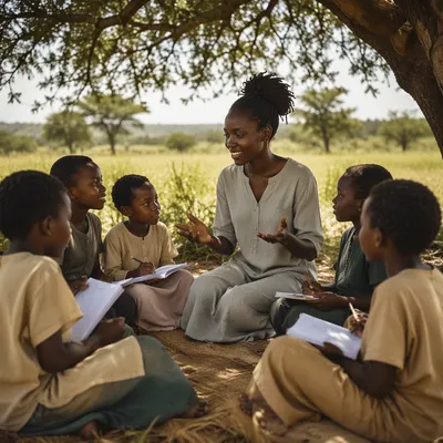 Woman Teaching Children Under Acacia Tree