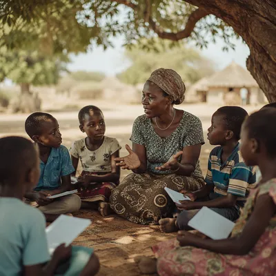 Woman Teaching Children Under Acacia Tree