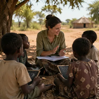 Missionary Teaching Children Beneath African Acacia