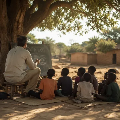 Missionary Teaching Children Beneath African Acacia Tree