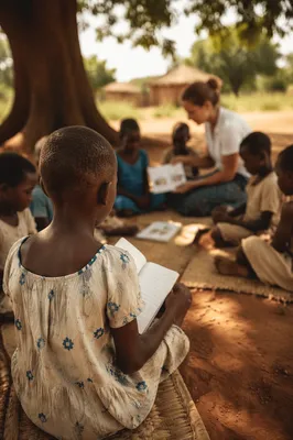 Missionary Teaching Children Beneath African Shade Tree
