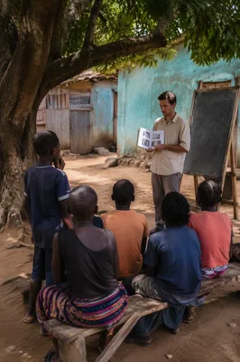 Missionary Teaching Children Beneath African Shade Tree