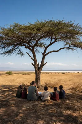 Missionary Teaching Children Beneath African Acacia