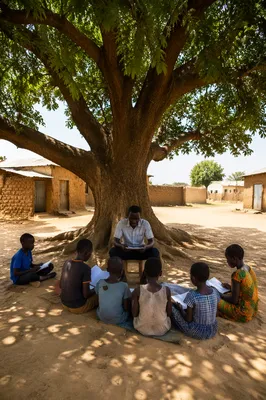 Missionary Teaching Children Beneath African Shade Tree