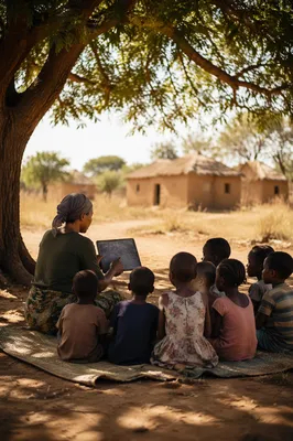 Volunteer Teacher With Children Under Acacia Tree