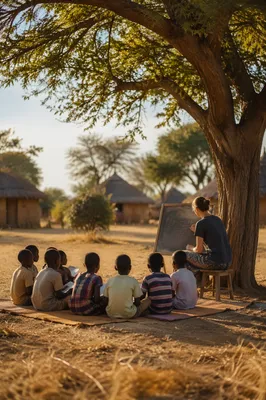 Missionary Teaching Children Beneath African Acacia Tree