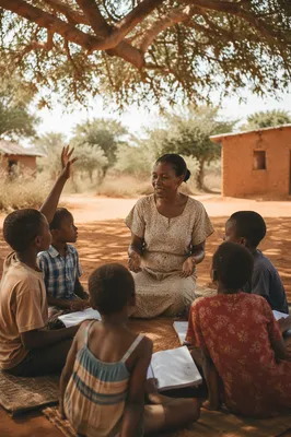 Woman Teaching Children Under Acacia Tree