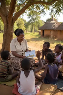 Woman Teaching Children Under Acacia Tree