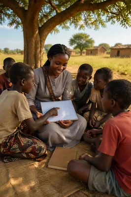 Woman Teaching Children Under Acacia Tree