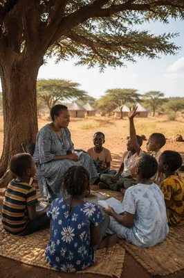 Woman Teaching Children Under Acacia Tree