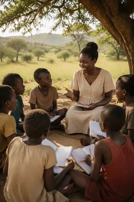 Woman Teaching Children Under Acacia Tree