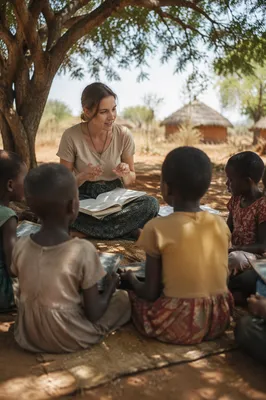 Missionary Teaching Children Beneath African Acacia