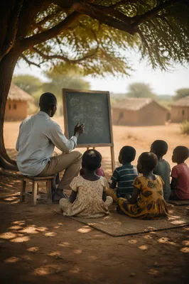 Missionary Teaching Children Beneath African Acacia