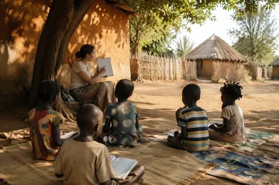 Missionary Teaching Children Beneath African Shade Tree