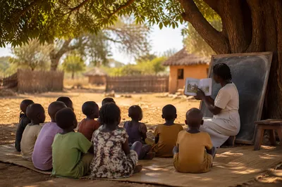 Missionary Educator Teaching Children Under African Tree