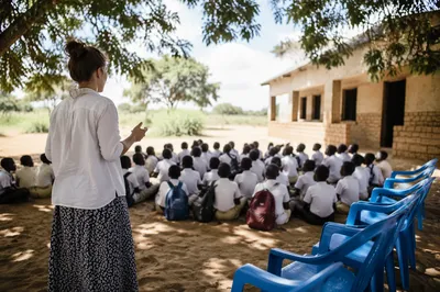 Missionary Teacher Guiding Children Under African Trees