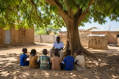 Missionary Teaching Children Under African Shade Tree