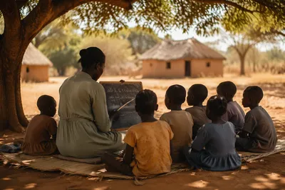 Missionary Teacher with Children Under Acacia Tree