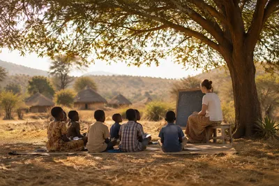 Missionary Teaching Children Beneath African Acacia
