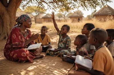 Woman Teaching Children Under Acacia Tree
