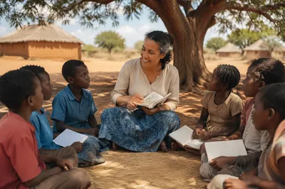 Teacher and Children Under Acacia Tree