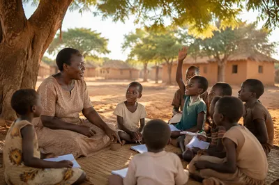 Woman Teaching Children Under Acacia Tree