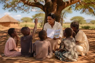 Woman Teaching Children Under Acacia Tree